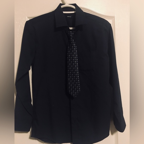 Navy Blue Boys Shirt with Tie. - Picture 3 of 5